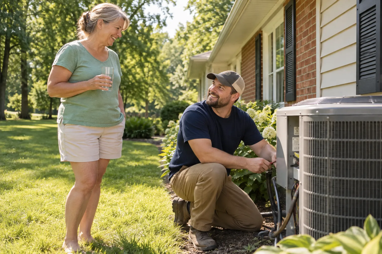 A friendly independent HVAC provider checking the outdoor AC unit at a brick ranch home in the Austin area