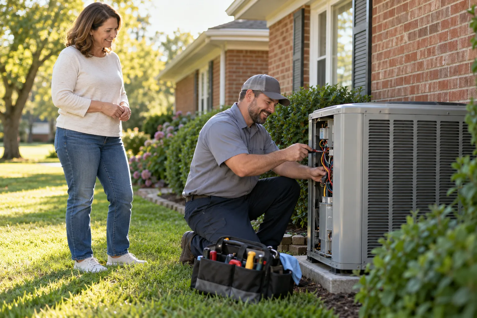 A friendly provider checking an outdoor AC unit beside a Austin area home